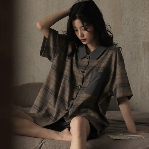 Хлопковая тонкая пижама, комплект, летний ретро кардиган, шорты, короткий рукав, 2021 года, свободный крой