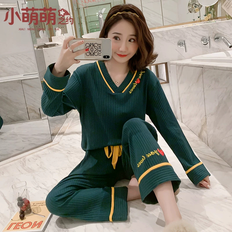 Bộ đồ ngủ mùa xuân và mùa thu nữ dài tay cotton Hàn Quốc ngọt ngào và dễ thương cộng với kích thước phù hợp với phần mỏng phần mùa đông dịch vụ tại nhà mùa thu và mùa đông - Bên ngoài ăn mặc