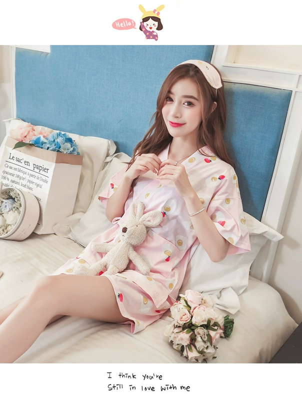 Bộ đồ ngủ nữ Nhật Bản mùa hè kimono cotton hai mảnh phù hợp với tay ngắn tươi mát dễ thương sinh viên cỡ lớn Dịch vụ tại nhà Hàn Quốc - Giống cái