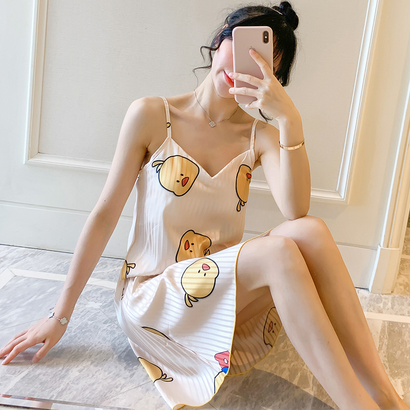 Han Edition Ice Silk Sleeping Dress Summer Thin with chest cushion cute student harness pyjamas The female emulated silk Home Costume Silk Home Dress