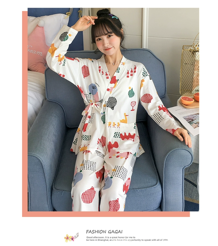 Bộ đồ ngủ phong cách Nhật Bản phụ nữ mùa xuân và mùa thu cotton tinh khiết dài tay kimono Hàn Quốc ngọt ngào và dễ thương bộ đồ mỏng phần mùa thu và mùa đông dịch vụ tại nhà - Bộ Pajama