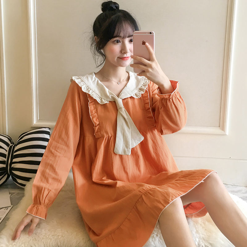 Korean version of pajamas women spring and autumn winter princess wind young lady nightgown long sleeves woven cotton sweet cute home clothes