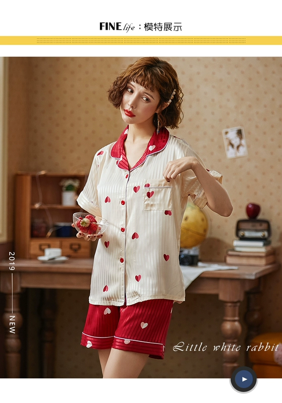 Bộ đồ ngủ nữ mùa hè ngắn tay mỏng Học sinh Hàn Quốc Tươi và ngọt Dễ thương Áo len lụa Dịch vụ tại nhà Bộ lụa - Giống cái