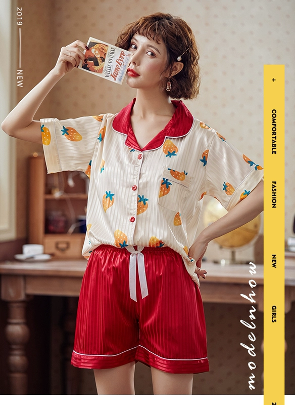 Bộ đồ ngủ nữ mùa hè ngắn tay mỏng Học sinh Hàn Quốc Tươi và ngọt Dễ thương Áo len lụa Dịch vụ tại nhà Bộ lụa - Giống cái bộ mặc nhà đẹp