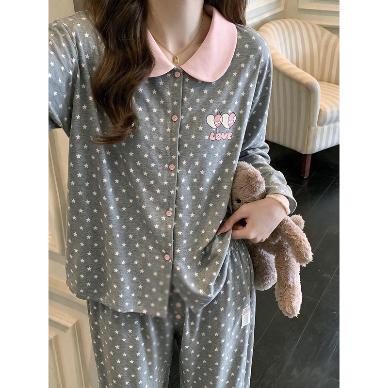 All-Over Star Print Pajamas for Women, Spring and Autumn Long-Sleeved Long Pants, Korean Style High-End Gray Cotton, Can Be Worn Outside, Loungewear Set