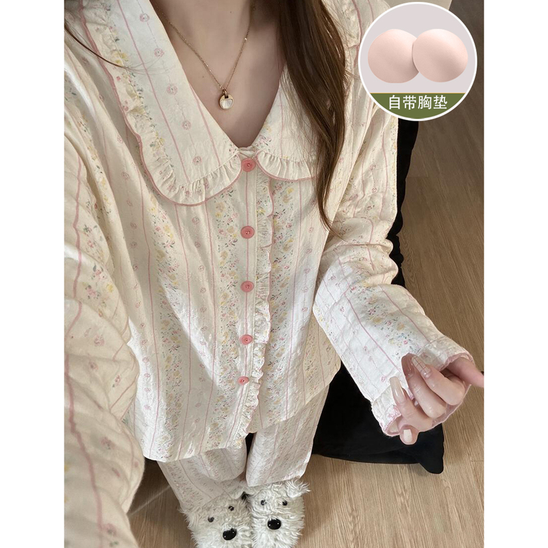 2026 New Style Women's Pajamas with Doll Collar, Spring and Autumn, with Chest Pads, Sweet Long-Sleeved Cloud Cotton, Can Be Worn Outside, Loungewear