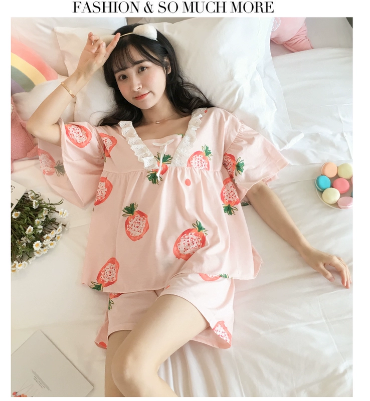 Đồ ngủ công chúa gió nữ mùa hè cotton ngọt ngào dễ thương Bộ đồ hai dây ngắn tay có thể mặc bên ngoài dịch vụ nhà mùa hè Hàn Quốc - Nam giới