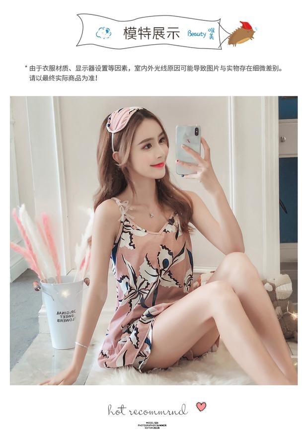 Bộ đồ ngủ nữ mùa xuân và mùa hè ngắn tay cotton sling hai mảnh phù hợp với phiên bản Hàn Quốc của lụa tươi sinh viên có thể mặc dịch vụ tại nhà đồ bộ ống suông