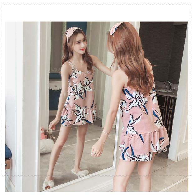 Bộ đồ ngủ nữ mùa xuân và mùa hè ngắn tay cotton sling hai mảnh phù hợp với phiên bản Hàn Quốc của lụa tươi sinh viên có thể mặc dịch vụ tại nhà đồ bộ ống suông