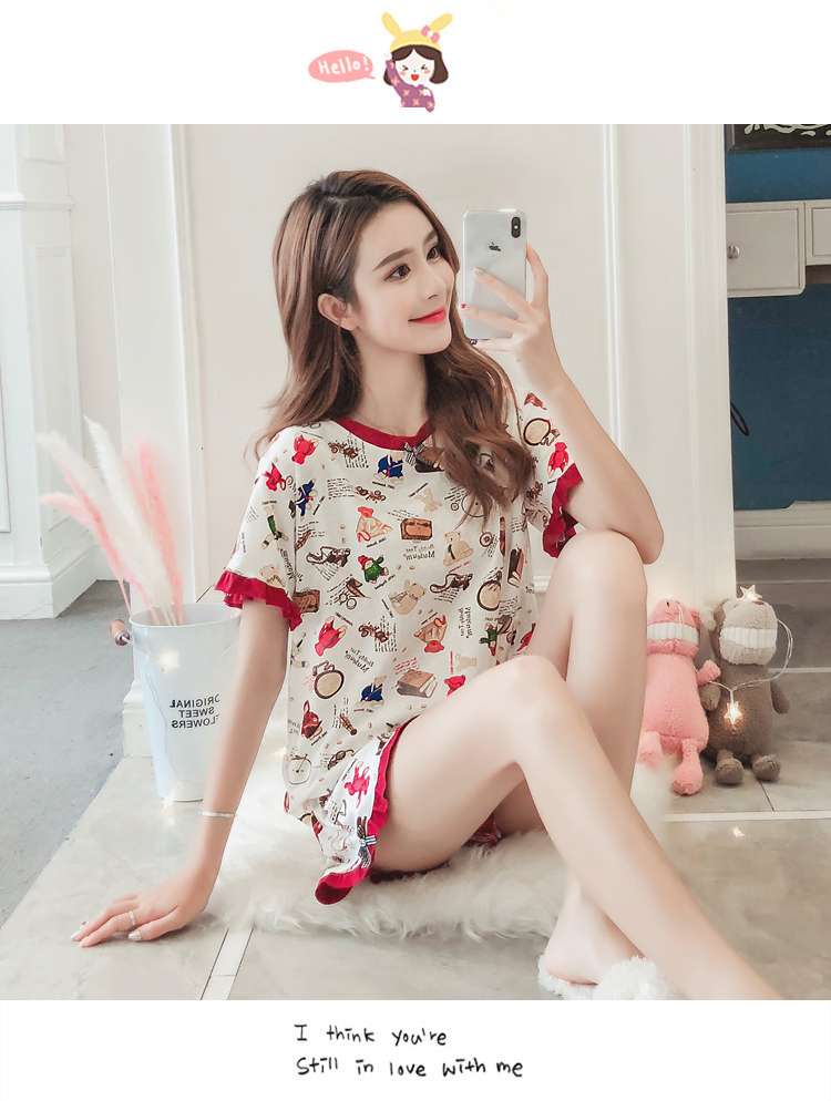 Ins phiên bản Hàn Quốc của bộ đồ ngủ nữ mùa hè hai mảnh phù hợp với tay ngắn dễ thương tươi mát cotton mùa hè sinh viên dịch vụ nhà có thể được mặc đồ bộ