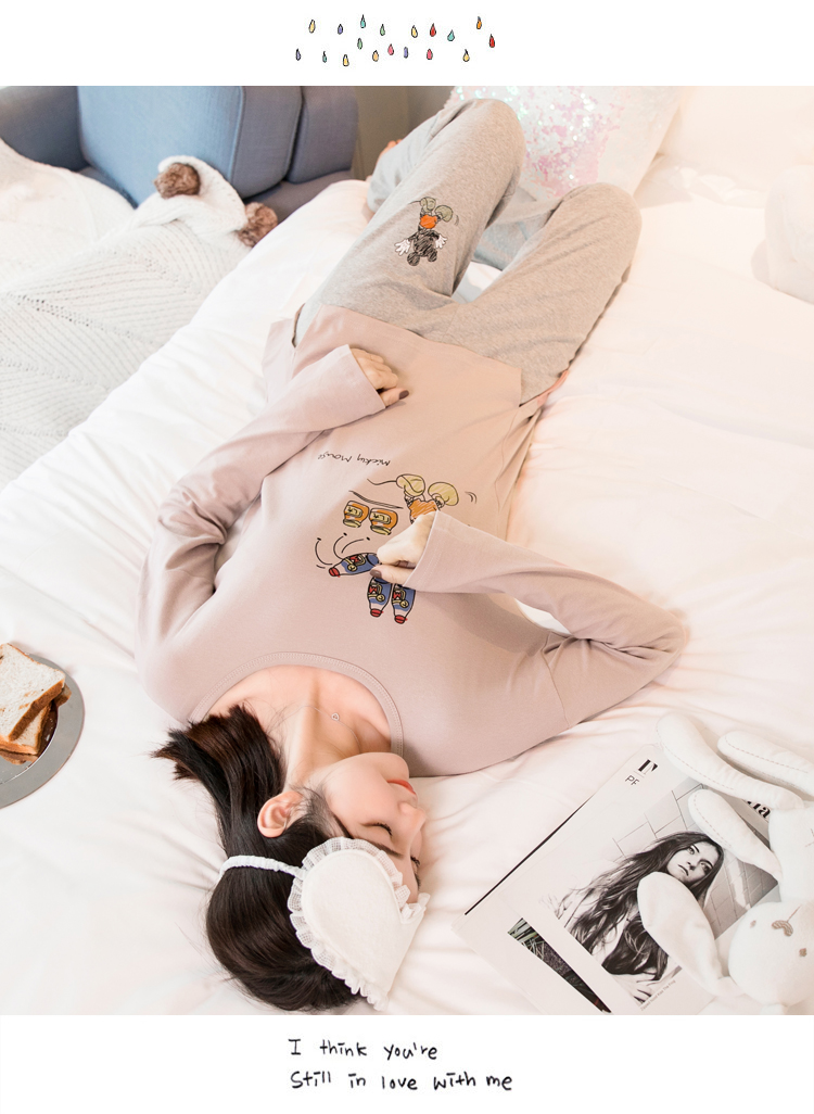 Phiên bản Hàn Quốc của đồ ngủ nữ mùa hè cotton dài tay dễ thương mùa xuân và mùa thu phục vụ tại nhà cho sinh viên tươi tắn Bộ đồ hai mảnh có thể mặc ngoài cổ tròn bộ thể thao nữ mùa đông