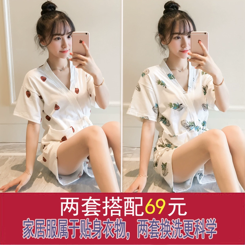Bộ đồ ngủ nữ mùa hè ngắn tay tươi mát của sinh viên Hàn Quốc kimono băng lụa hai mảnh phù hợp với dịch vụ nhà cotton mùa hè có thể mặc bên ngoài bộ mặc nhà mùa hè cho nam