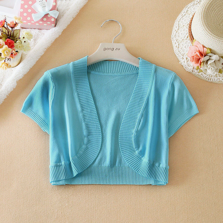Mùa hè mới Hàn Quốc kẹo màu kem chống nắng nhỏ khăn choàng vest hoang dã knit cardigan siêu ngắn ngắn tay áo áo khoác nhỏ áo khoác len nữ