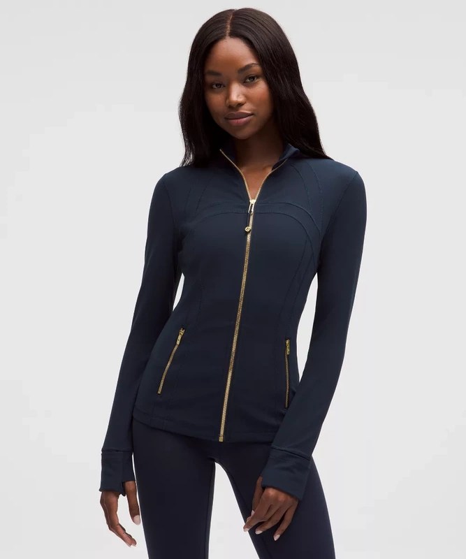 Lululemon Yoga Wear Define Navy Blue Gold Zipper Slim Fit Stand Collar Jacket for Women