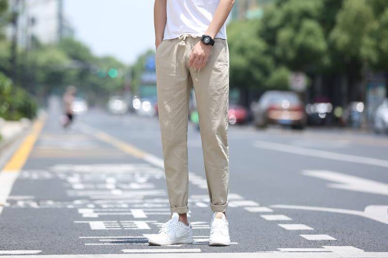 Summer pencil pants men's slim-fit men's trousers calf trousers cotton linen trousers elastic Korean version trendy all-match casual trousers