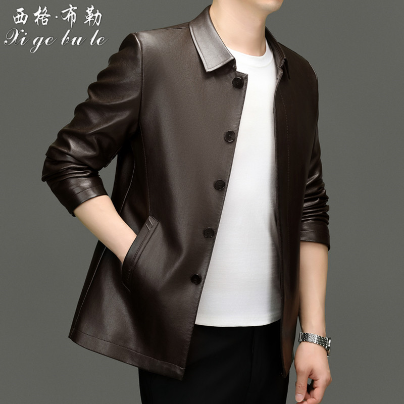 Spring and Autumn Haining Genuine Leather Jacket for Men, Sheepskin Mid-Length Coat, Thin Turn-Down Collar Windbreaker with Fleece Lining and Thickened