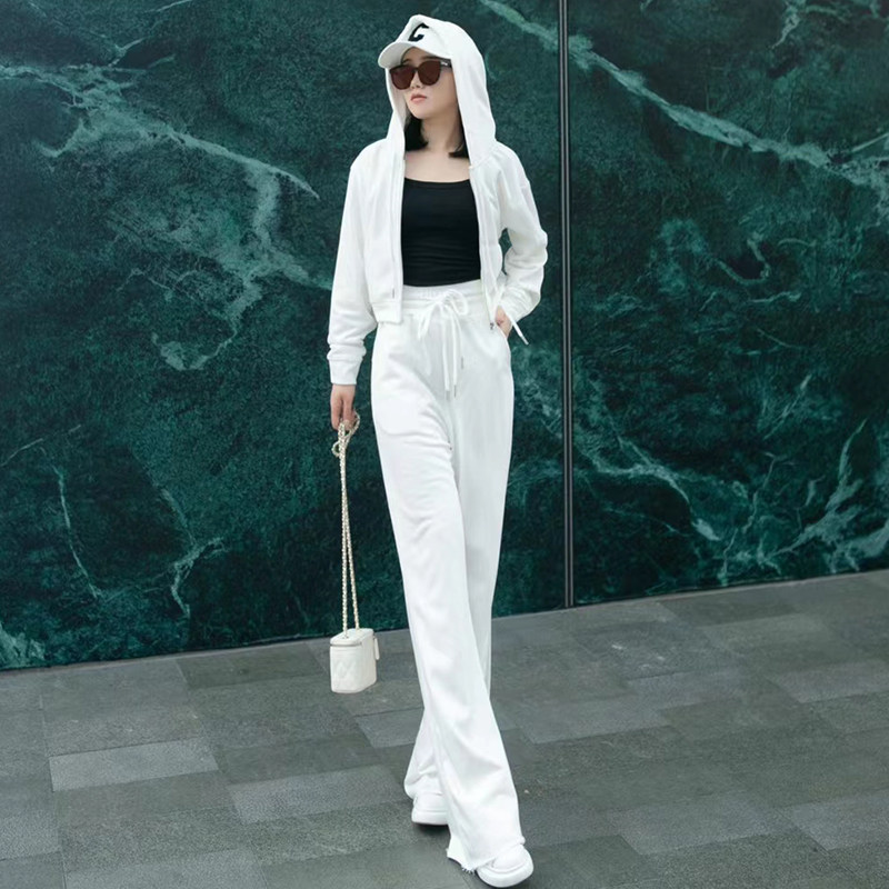 Fashion casual age-reducing wide-leg pants suit women 2023 spring new style high waist hooded sweater two-piece trendy