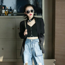 Black suit jacket women in early spring 2022 new Korean version of net red hollow loose design small suit jacket