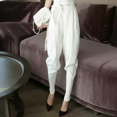 2021 Spring and Autumn New White Knitted Haren Pants Loose Slim High Waist Leisure Sports Bundle Lobes