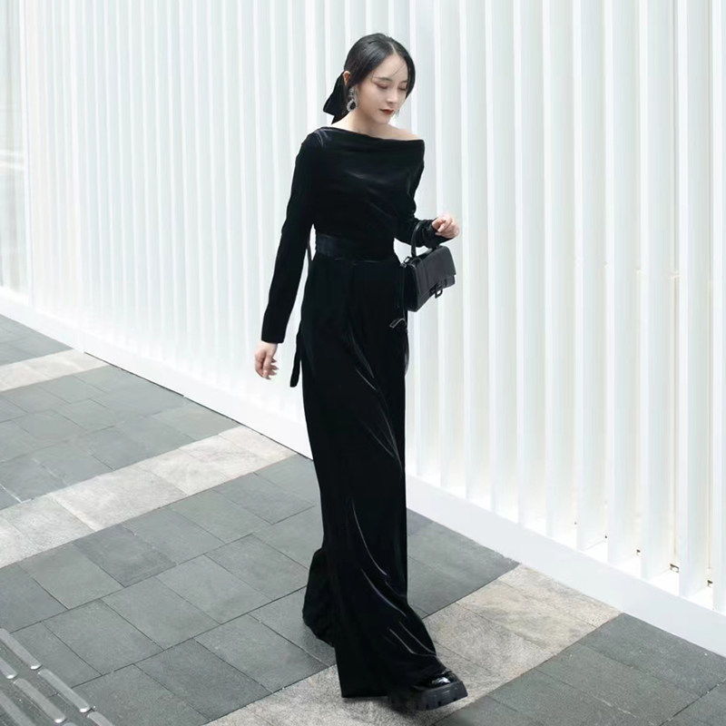 Black Velvet Connector Trousers in autumn 2021 new Han edition relaxed and thin casual high waist drag floor broad legs