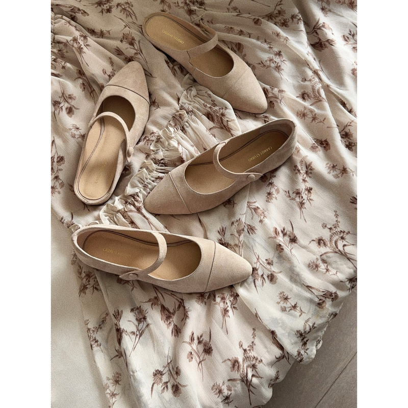 [Carrot] Fragrant Vintage Style | French Pointed Round Toe Mary Jane Slip-On Mules Half Slippers