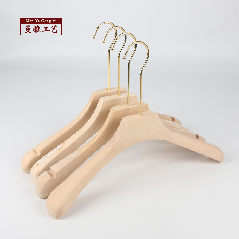 Unpainted solid wood clothing store hanger gold hook adult environmental protection log color clothes hanging household children's clothes stay pants clip