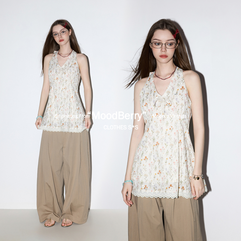 Moodberry American Retro Floral Embroider Printed Halterneck Dress for Women Summer V Neck Sleeveless Slim Fit Top Moodberry American Retro Floral Embroider Printed Halterneck Dress for Women Summer V Neck Sleeveless Slim Fit Top