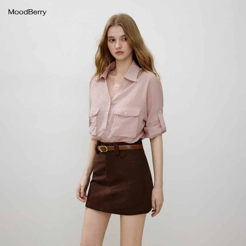 Moodberry American Retro Pink Lapel Tencel Shirt for Women, Autumn Loose Pocket Long-Sleeve Shirt Top