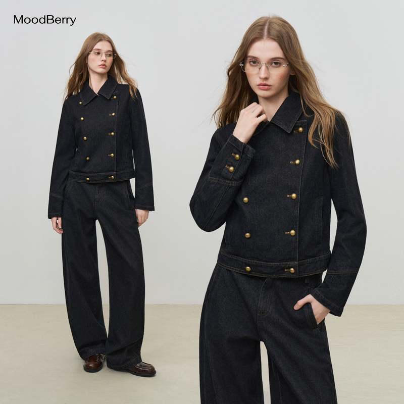 Moodberry American Retro Double-Row Metal Button Denim Jacket Women's Autum Casual Lapel Jacket Top Moodberry American Retro Double-Row Metal Button Denim Jacket Women's Autum Casual Lapel Jacket Top