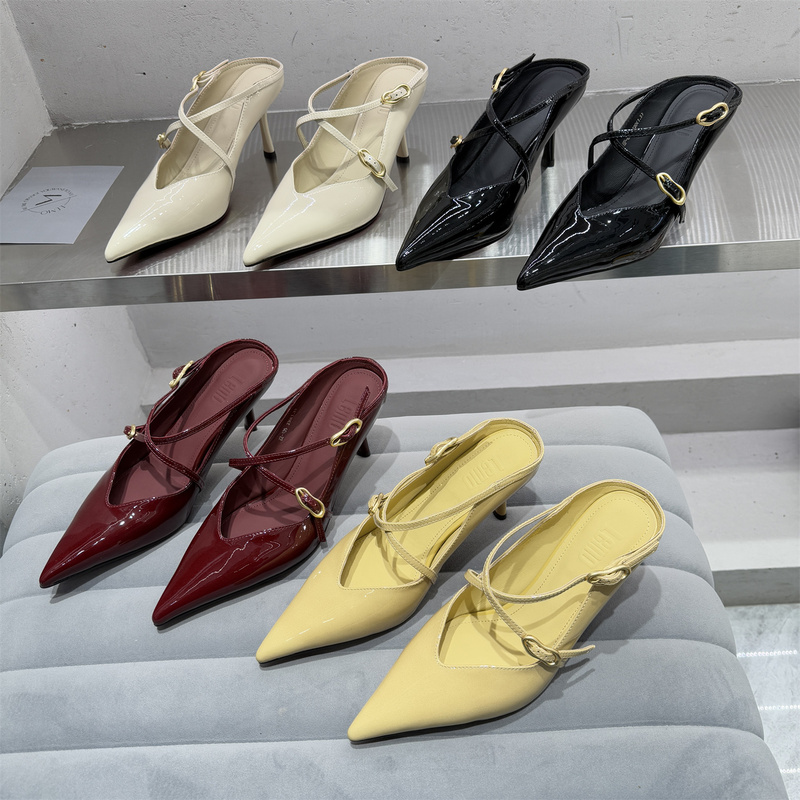 European Women's Shoes 2026 Spring Collection Patent Leather French Pointed Toe Cross-Strap Sandals Stiletto Heels for Outdoor Fashion Wear