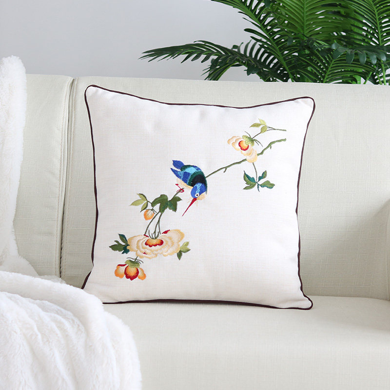 Embroidered Flower Bird Holding Pillow Back Cushion Embroidered Pillow Living-room Red Wood Sofa Cushion Nordic Geometric Backrest Holding Pillow Without Core