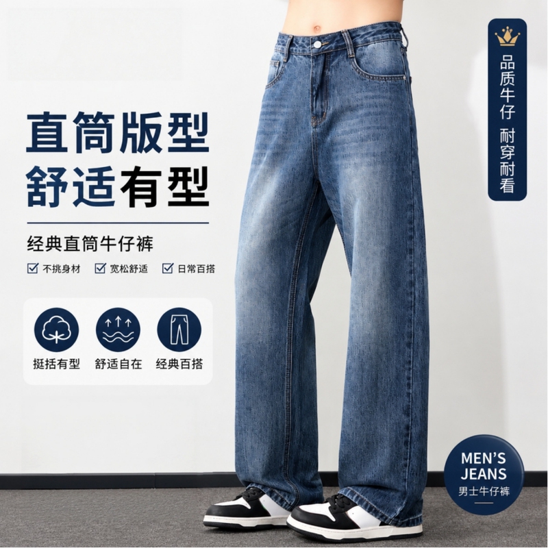 [Five-Pocket Pants] Autumn New Style American Retro Nostalgic Faded Classic Casual Straight-Leg Men's Jeans