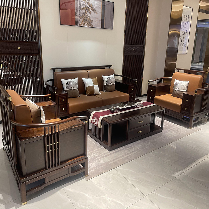 New Chinese style ebony wood sofa modern living room solid wood sofa combination light luxury villa leather sofa whole house furniture
