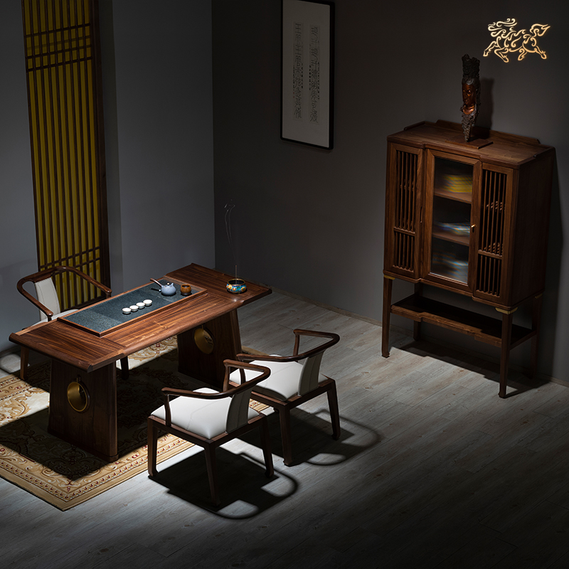 Copper master Copper wood doctrine Jin Yun Tiancheng Tea table and chair Tea cabinet Tea room Black walnut solid wood furniture