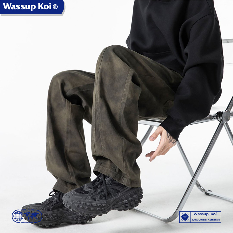 Wassup Koi Tie-Dye Distressed Vintage Casual Pants for Men, American Style Loose Patchwork Heavyweight Straight-Leg Trousers