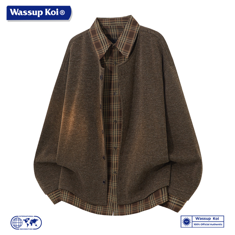 Wassup Koi Collaboration Faux Two-Piece Vintage Cardigan Sweatshirt Men's Loose Plaid Patchwork Top Shirt Men