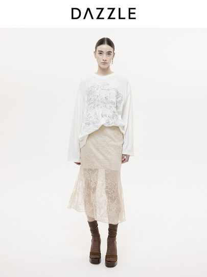 DAZZLE Dazzle Skirt 2025 Осенне-зимняя новая длинная юбка-русалка из кружева цвета экрю для женщин.