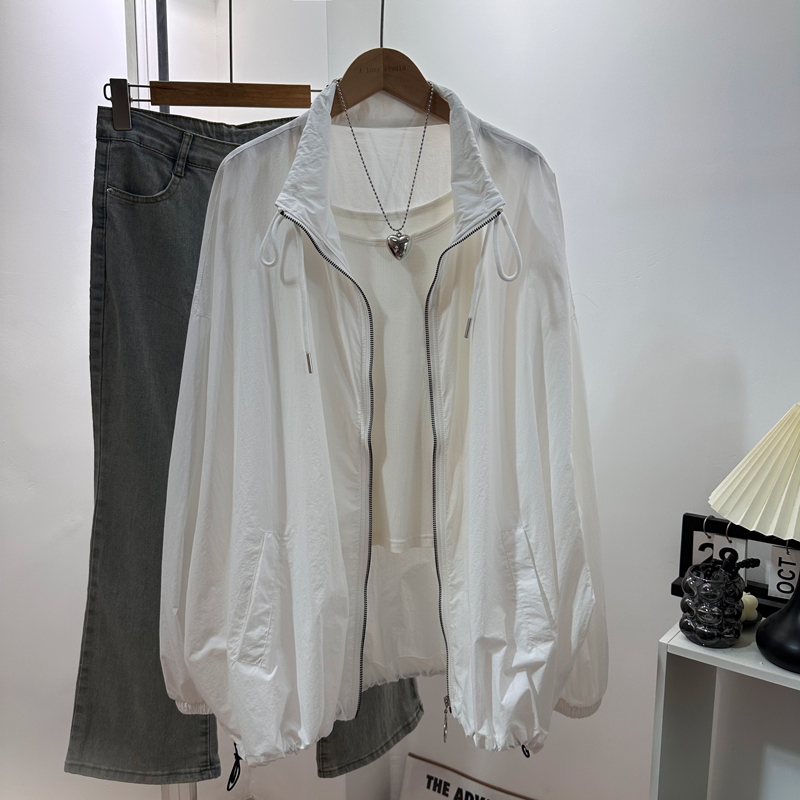 Summer Korean Style Drawstring Stand Collar Sun Protection Oversized Women's Jacket with a New Design for Plus-Size Women, Thin Jacket Top