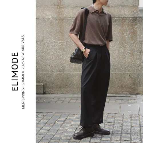 ELI【Yirgacheffe】Весенние и летние повседневные прямые брюки с эластичной резинкой на талии и одной складкой в ​​стиле ретро для поездок на работу и без драпировки