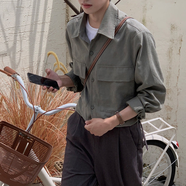 Eli2023 Spring and Autumn New Korean Style Shirt Men's Suede Loose Trendy Versatile Temperament Casual Solid Color Shirt