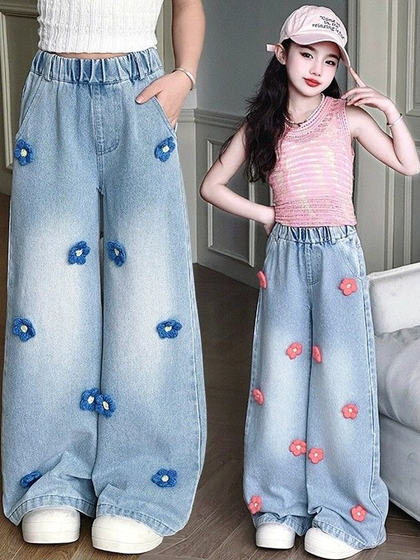 女童裤子春秋款2025新款儿童装时髦牛仔裤女孩大童春季休闲阔腿裤