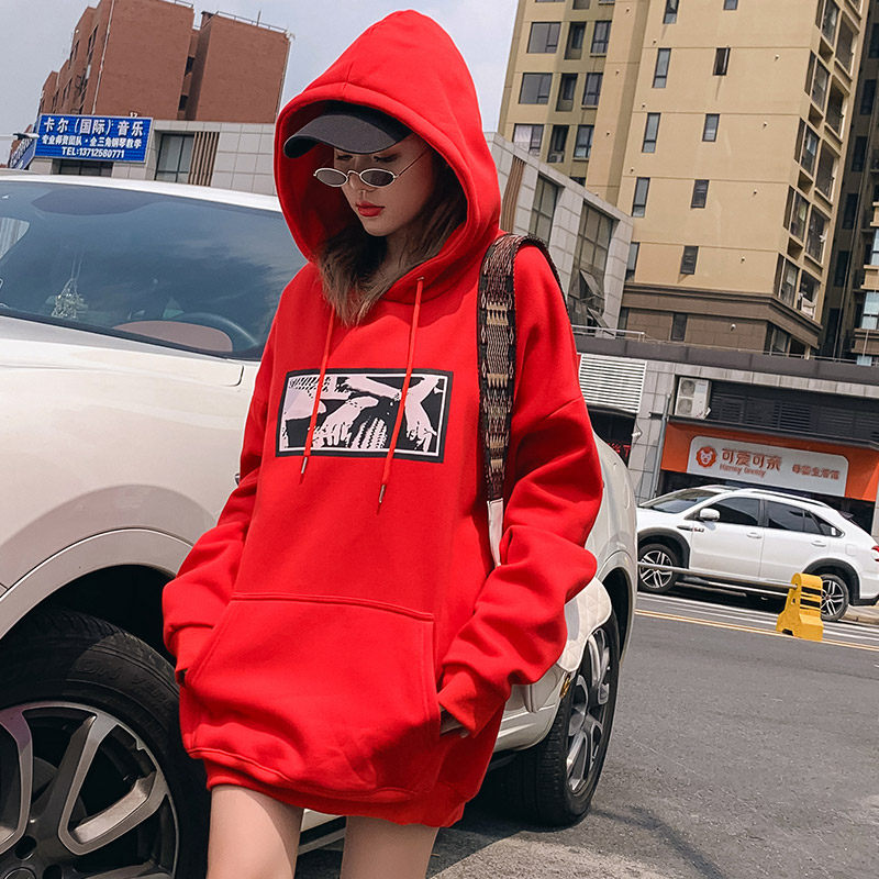 Red Sweater female Spring and Autumn Web red tide in Han Edition loose hood in long vetiver coat