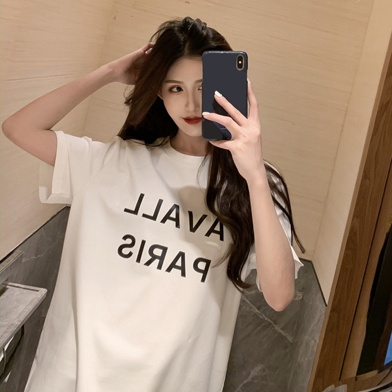 White Short Sleeves T-shirts in Tide Half-sleeved New Han Edition Large Large Large Long Length Letter Coat