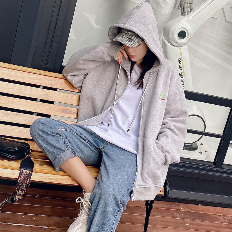 Autumn and winter gray thick cotton T women's 2022 new loose foreign style plus velvet thick cardigan zipper super hot cec jacket trend - Taobao
