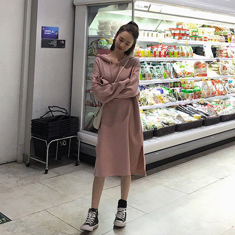 Pink hooded sweater women's 2023 new spring and autumn thin section loose Korean version mid-length cec coat trendy brand ins