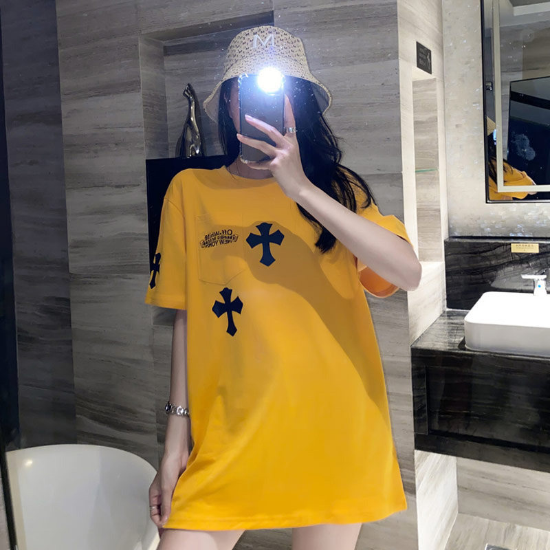 Lower coat missing T-shirt female yellow short sleeve summer new European big version in red tide cross half-sleeved coat