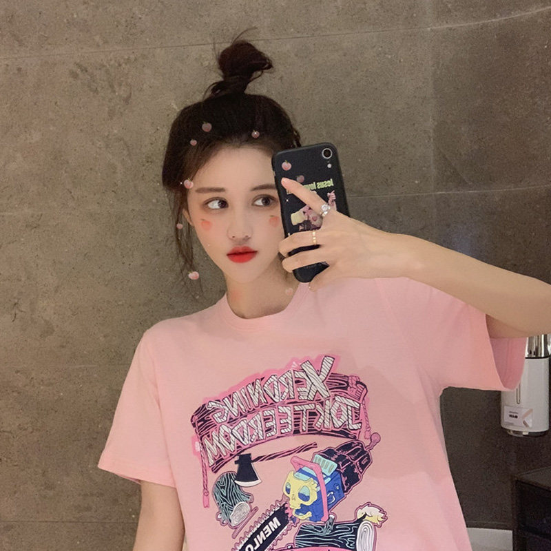 Cartoon Printed Short Sleeve T-shirt Woman Ins Tide Net Red Summer New Large Size Korean Version Loose Foreign Pie 100 Hitch Blouse