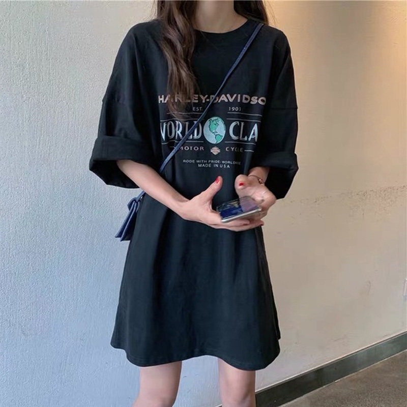 Black T-Shirt Woman Short Sleeve Loose Medium Long Version Half Sleeves Ins Overfire Summer Large Size Dress Missing Wind T-shirt