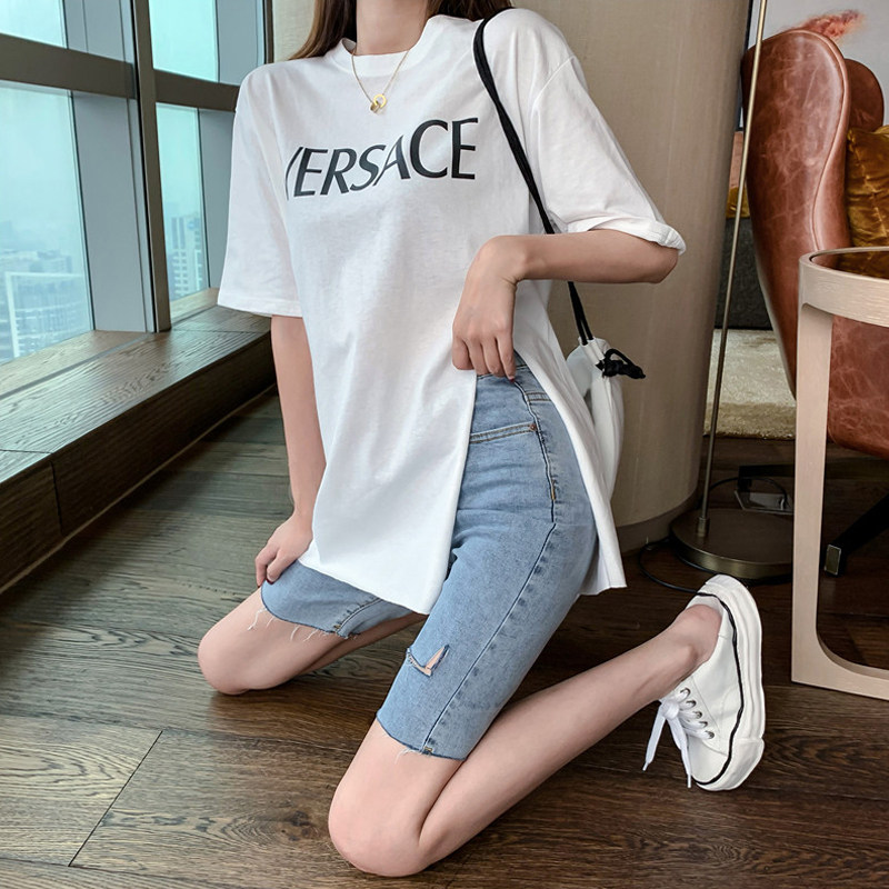 White short sleeve T-shirt female ins Chauded side open fork blouse Summer new loose medium long version net red letter T-shirt