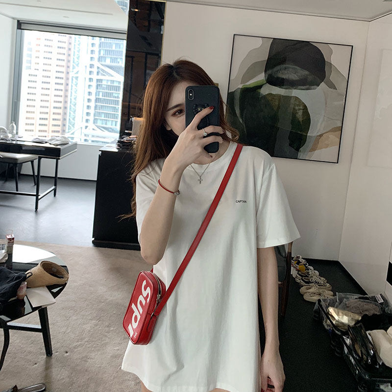 Western style casual solid color short-sleeved t-shirt women's loose Korean version 2022 summer new trendy mid-length bottoming top
